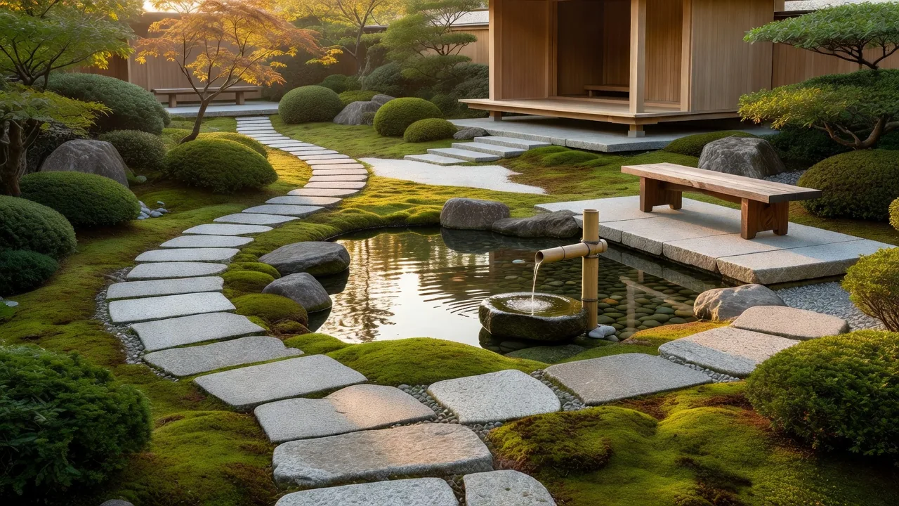 朝光に包まれる日本庭園