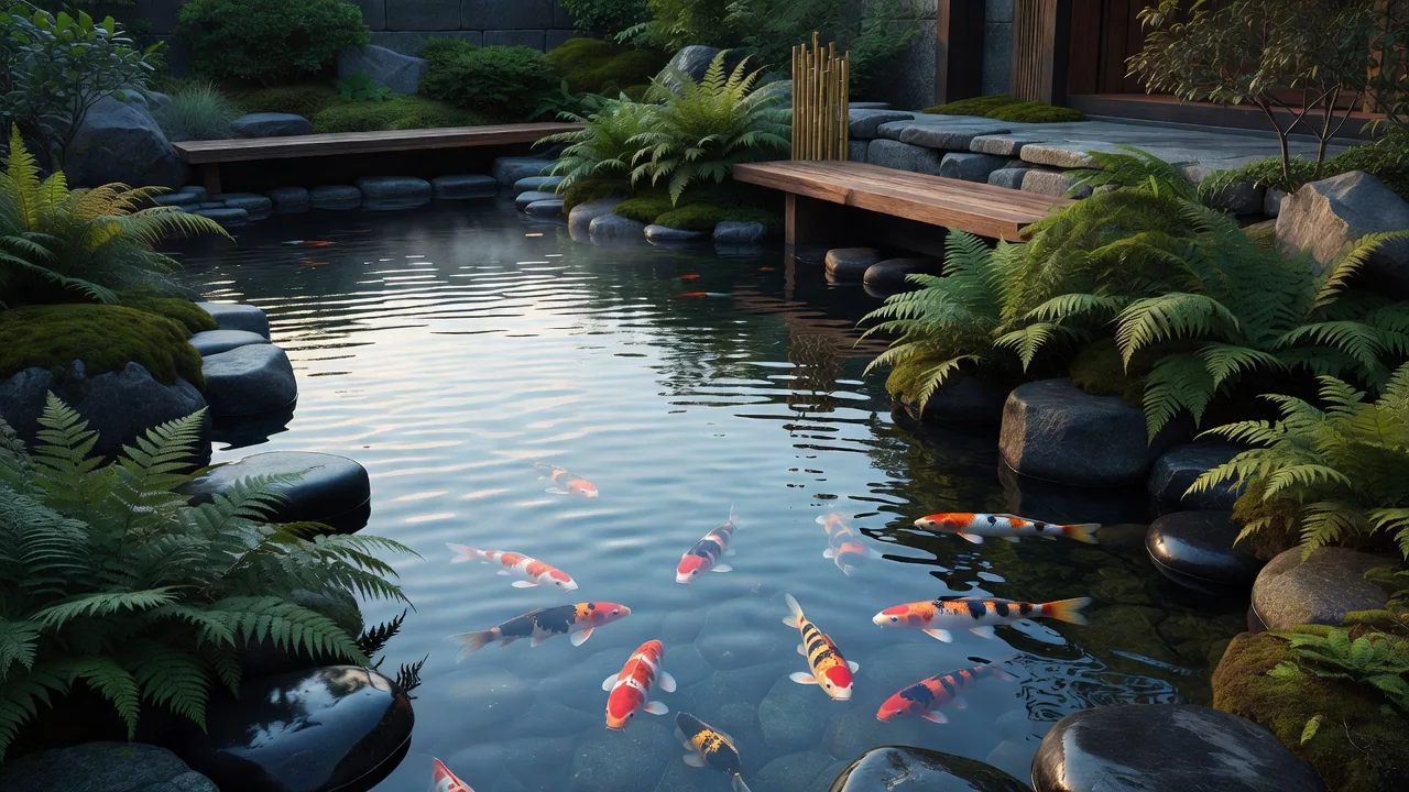 鯉の泳ぐ水景庭園